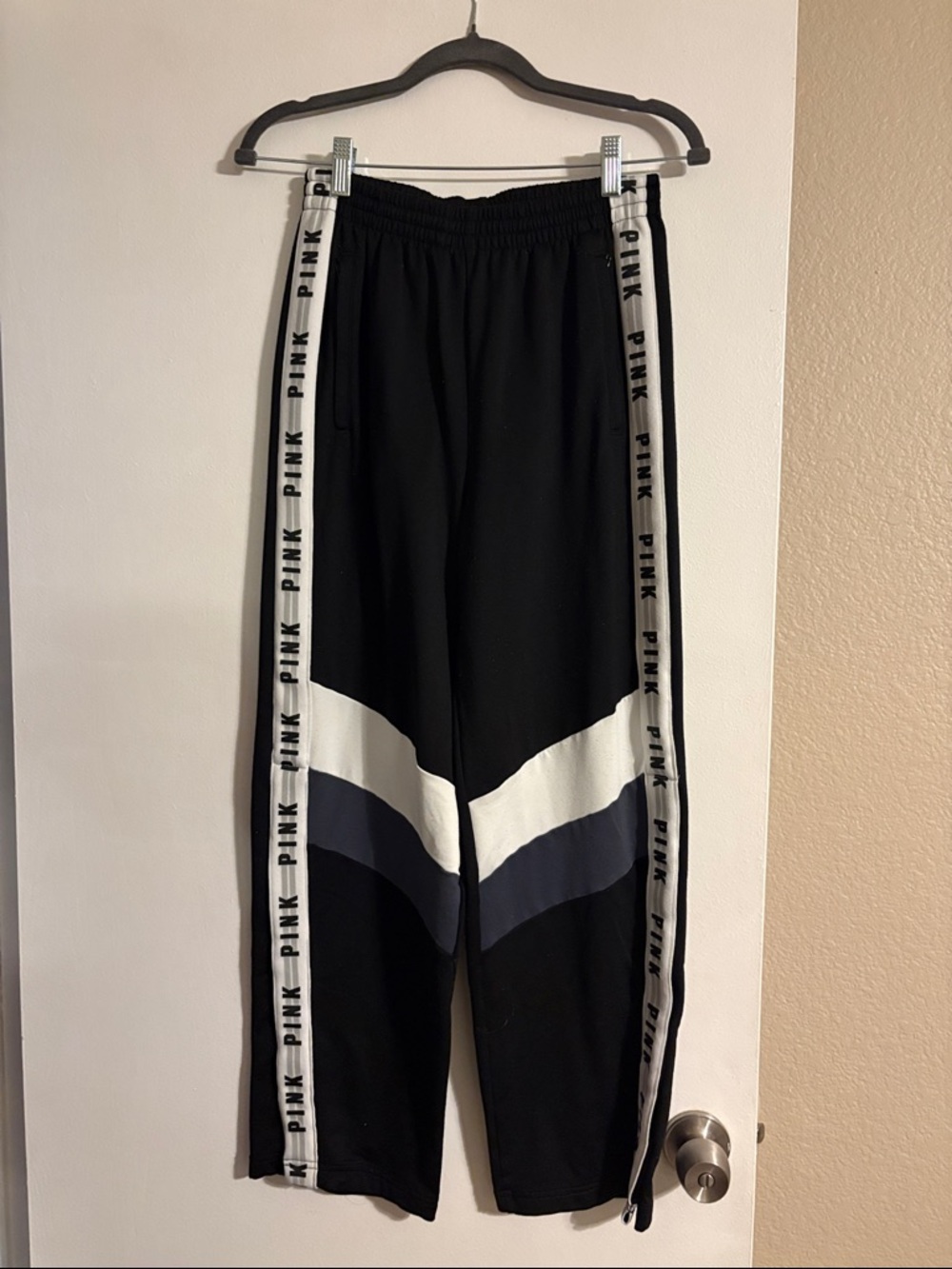 PINK Black Track Pants with White & Grey Chevron